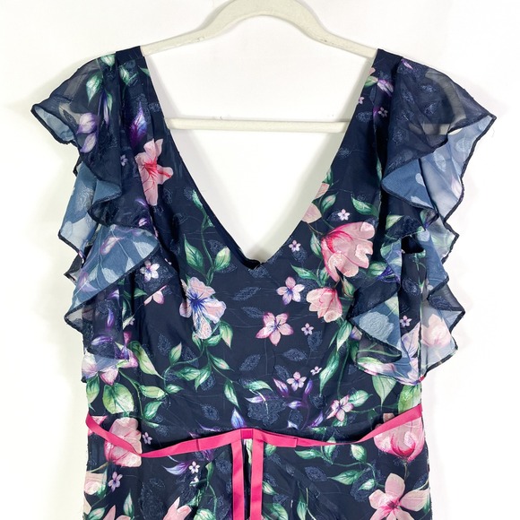 Marchesa Notte Floral Flutter Sleeve Dress Navy Blue V Neck Midi Ruffle Sz 8 - Picture 4 of 10